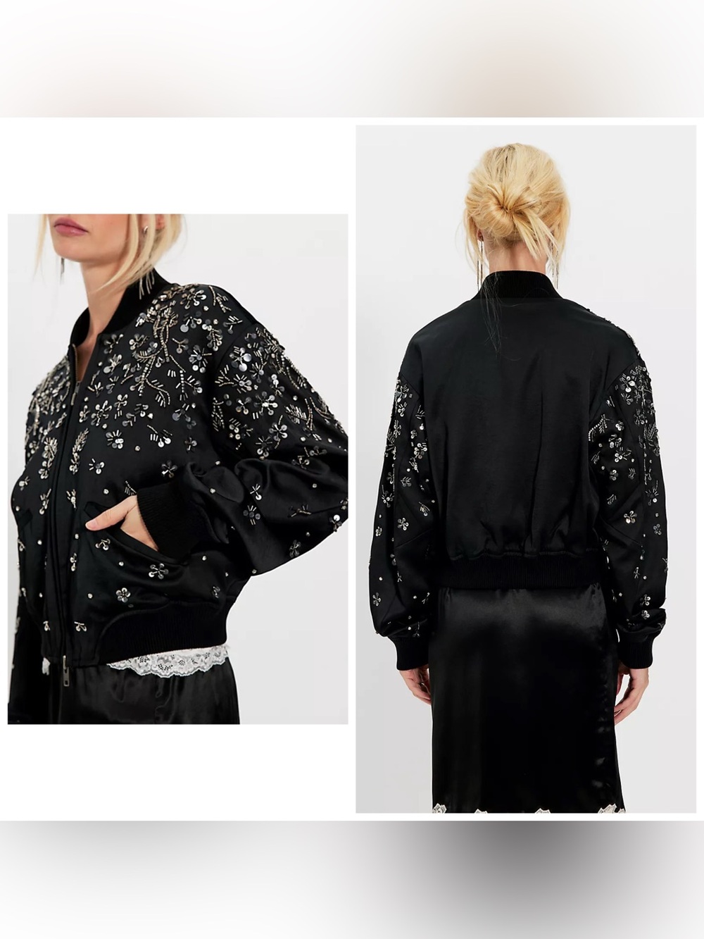 Free People Stassi Embellished Bomber Black Beaded Sequins Medium‎